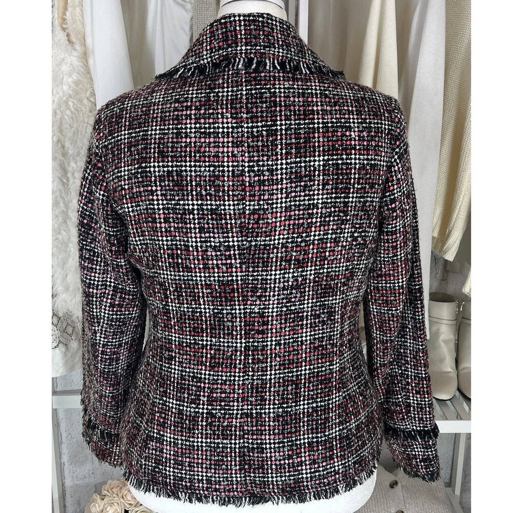 Chico's Women's Size 12 Black Gray Pink Button Up Fringe Hem Jacket Blazer #0591 - Picture 8 of 14